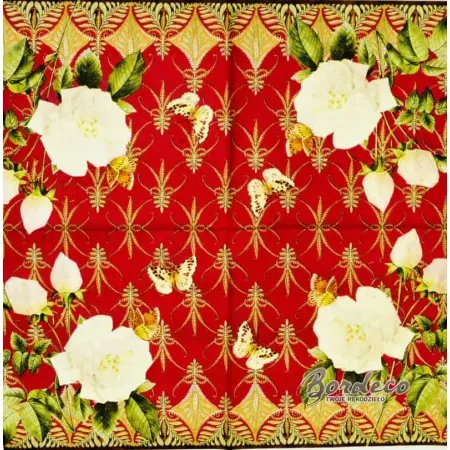 Serwetka do decoupage białe róże na tle bordowej tapety 33x33 Atelier Unikat